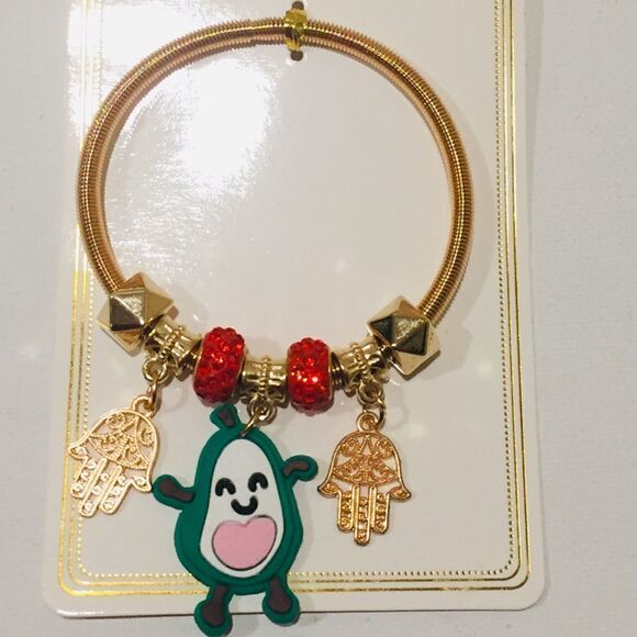 “Millie” Studded Gold Tone Hamsa Avocado Charm Bracelet Spring Coil New - Picture 2 of 5